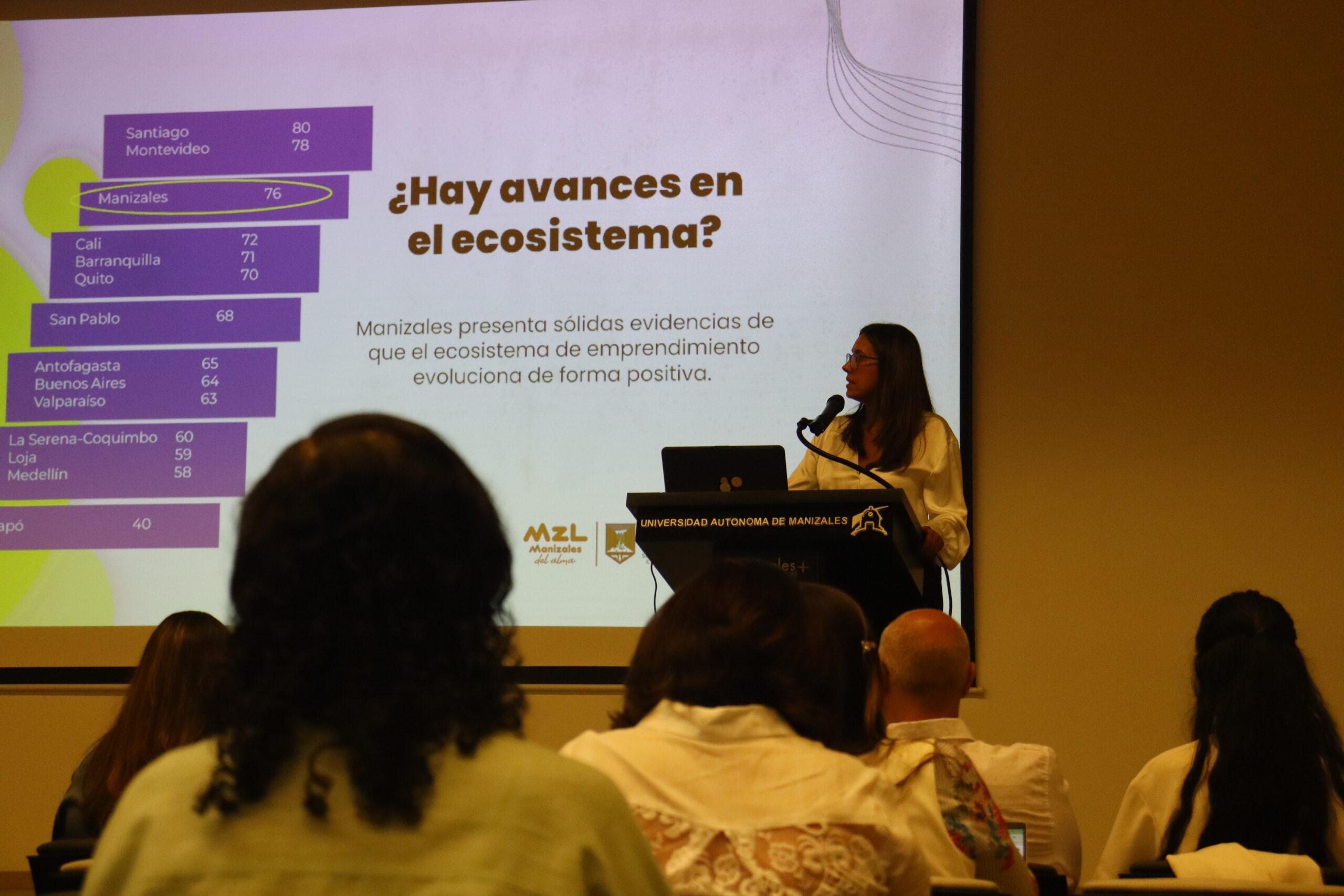 Fotografías del evento de presentación del ranking GEIAL 2024 en Manizales, que destacó el desempeño de la ciudad en innovación y emprendimiento en América Latina.